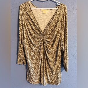 Michael Kors Brown and Tan Leopard-Print Ruched V-Neck Long Sleeve Top